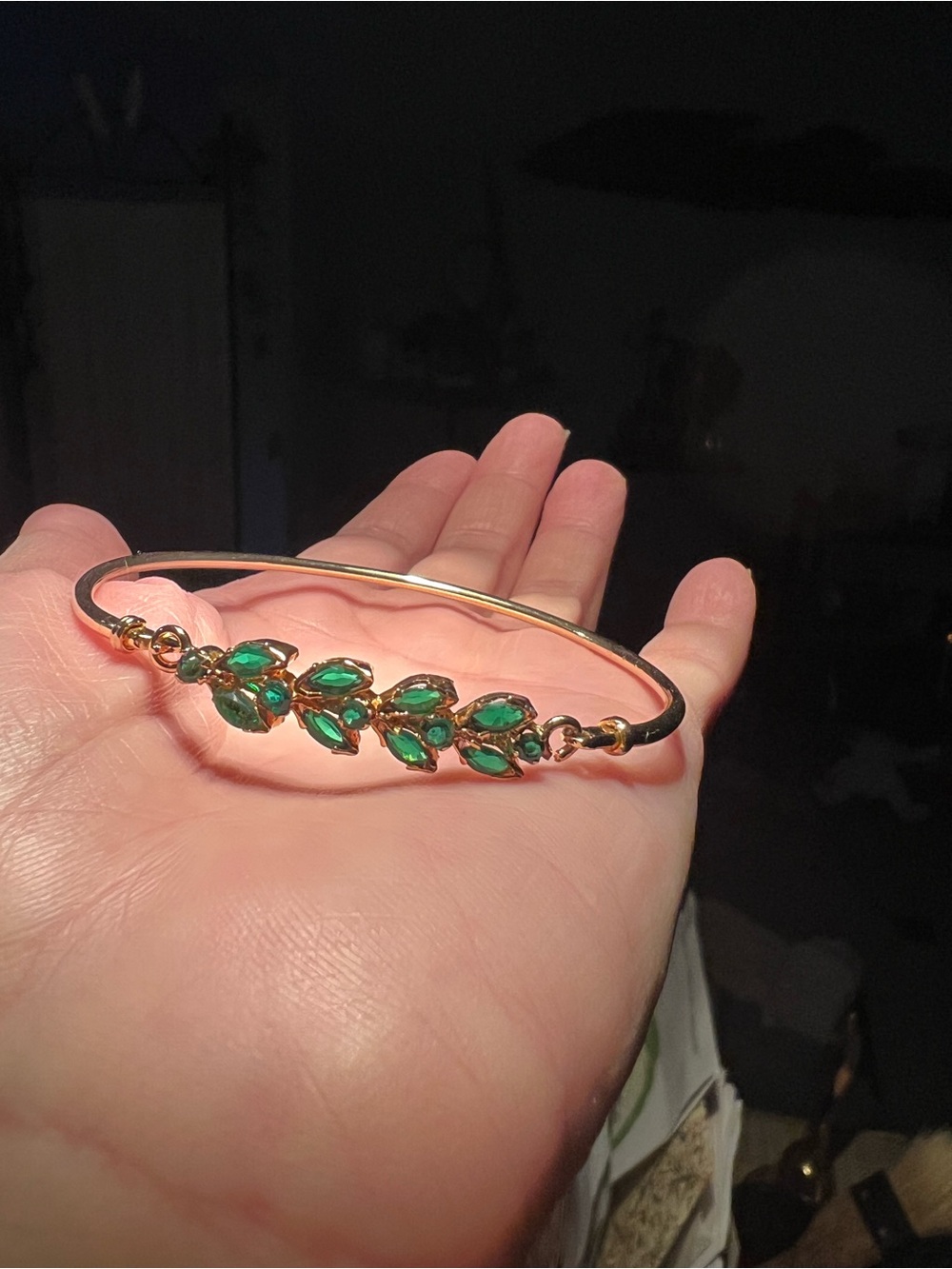 Gold-Tone Bangle Hinge Bracelet with Green Leaf Crystal Accents